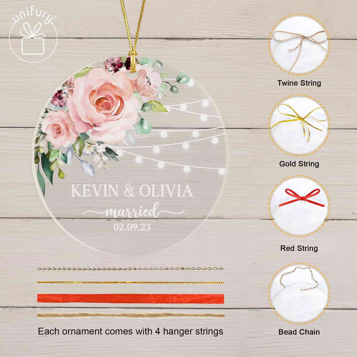 Personalized Just Married Wedding Floral Shape Acrylic Ornament
