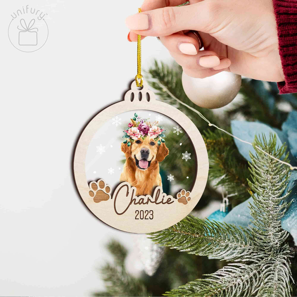 Dog Flower Crown Pet First Christmas Acrylic and Wood Ornament
