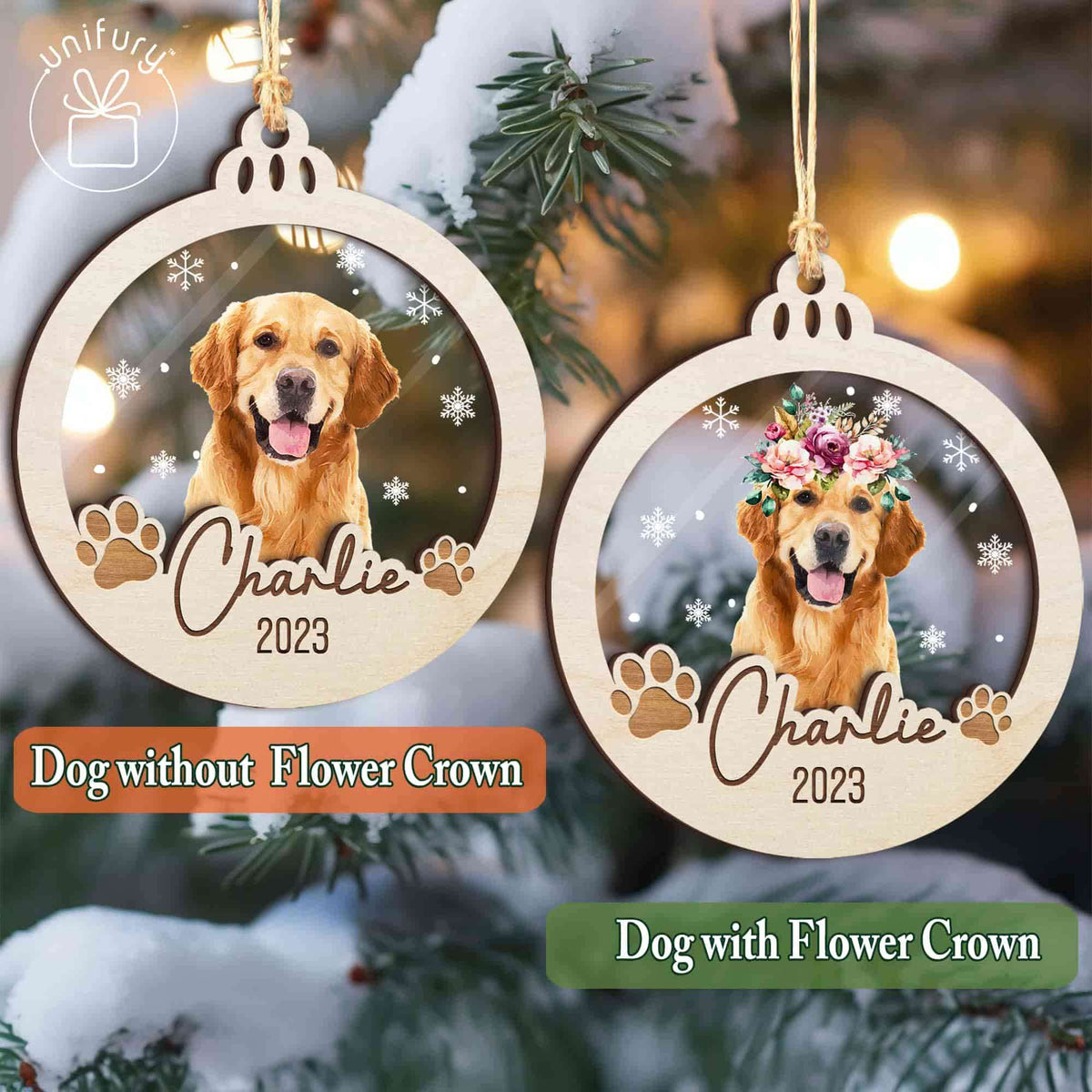 Dog Flower Crown Pet First Christmas Acrylic and Wood Ornament