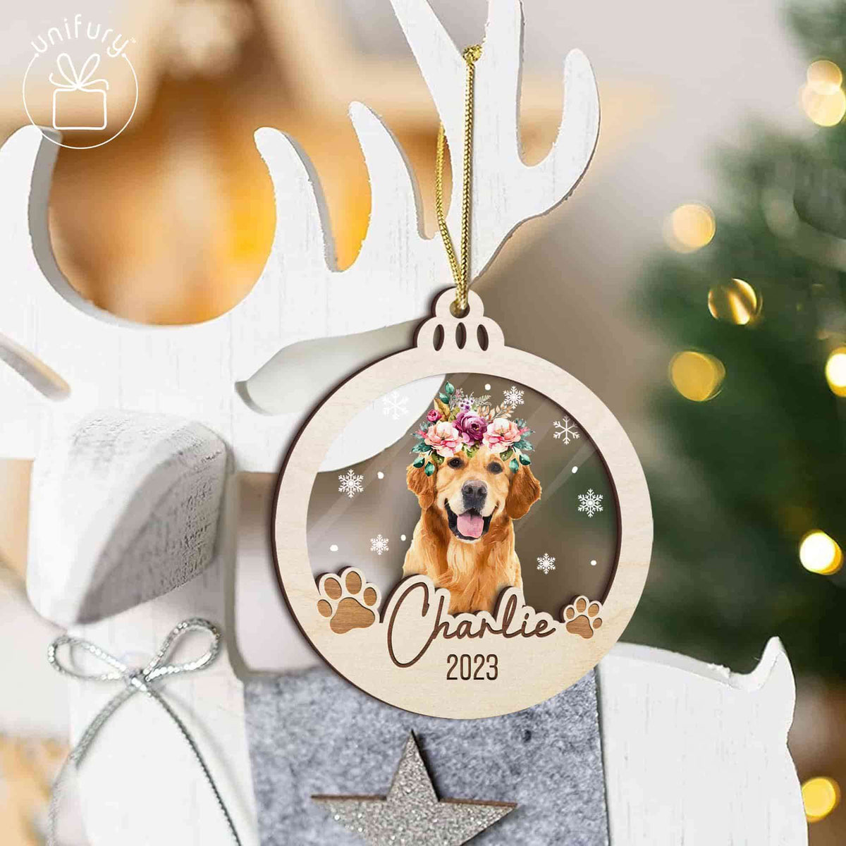 Dog Flower Crown Pet First Christmas Acrylic and Wood Ornament