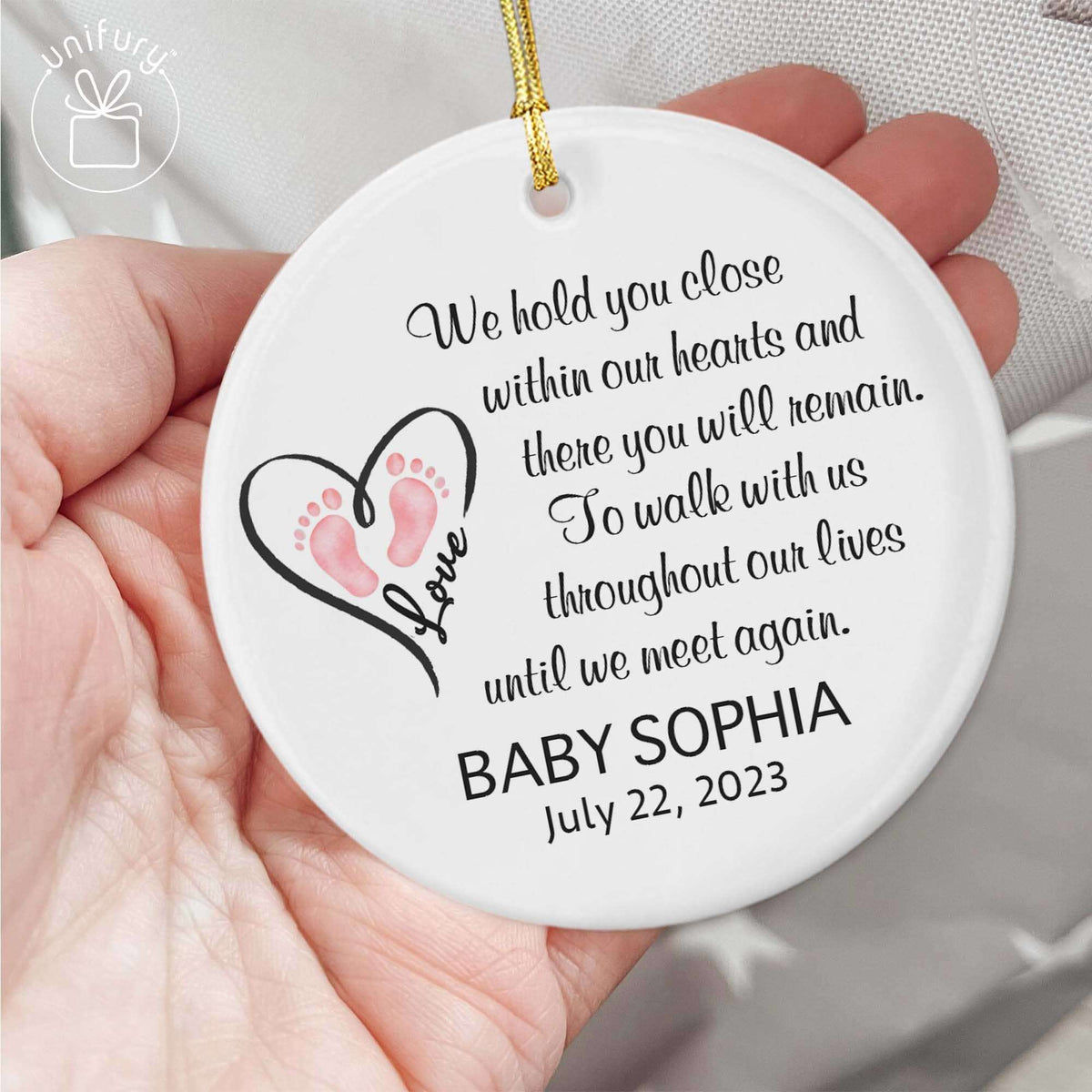 We Hold You Close Foot Print Baby Memorial Ceramic Circle Ornaments