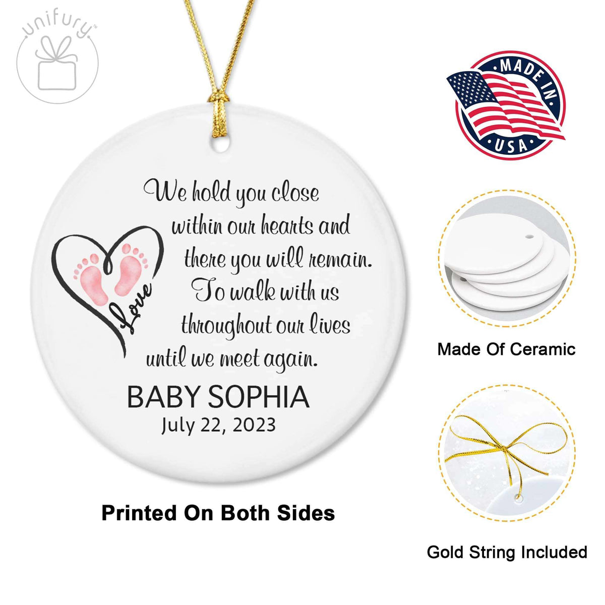 We Hold You Close Foot Print Baby Memorial Ceramic Circle Ornaments