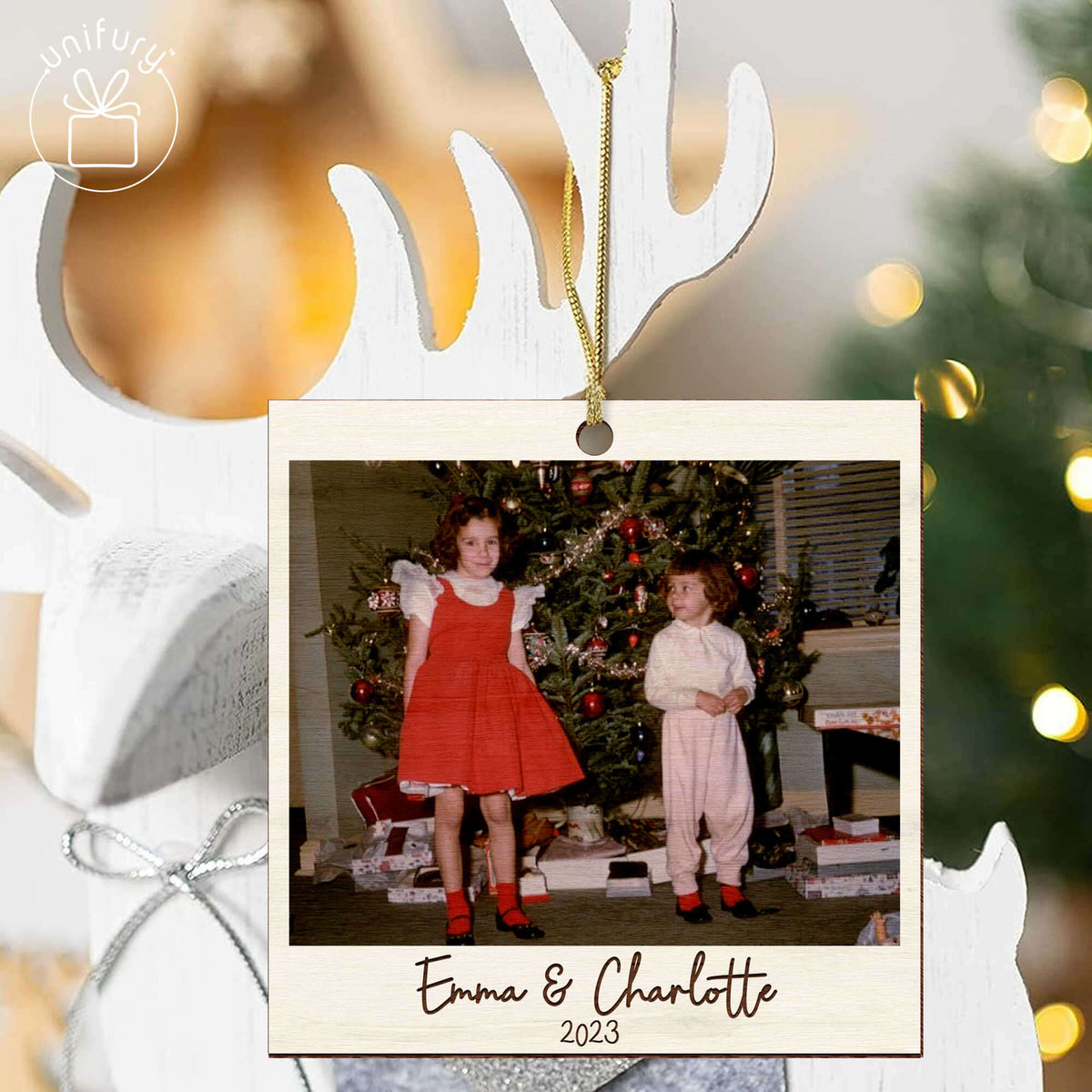 Personalized Family Christmas Photo Polaroid Wooden Ornament