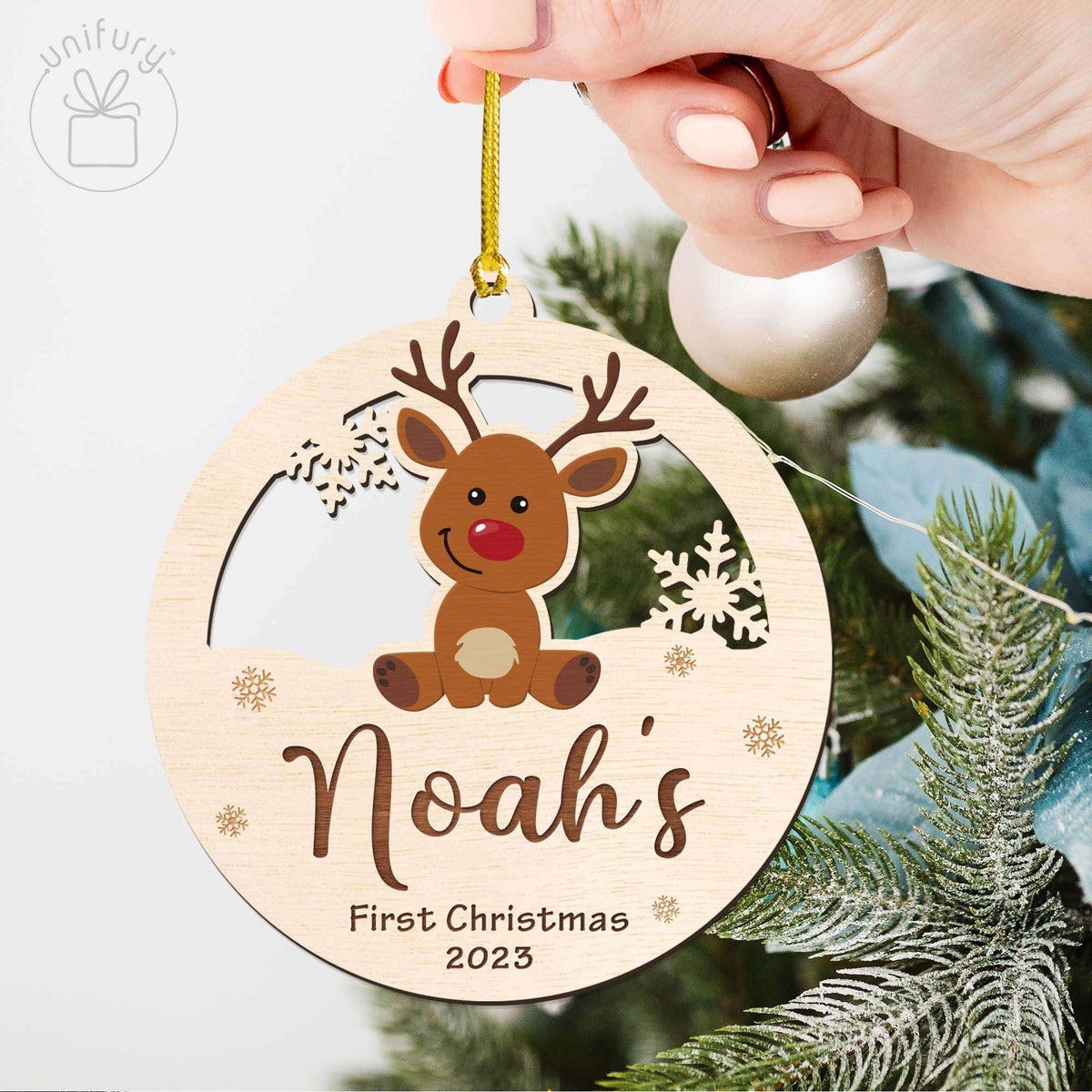 Personalized First Christmas Baby Deer Wooden Ornament