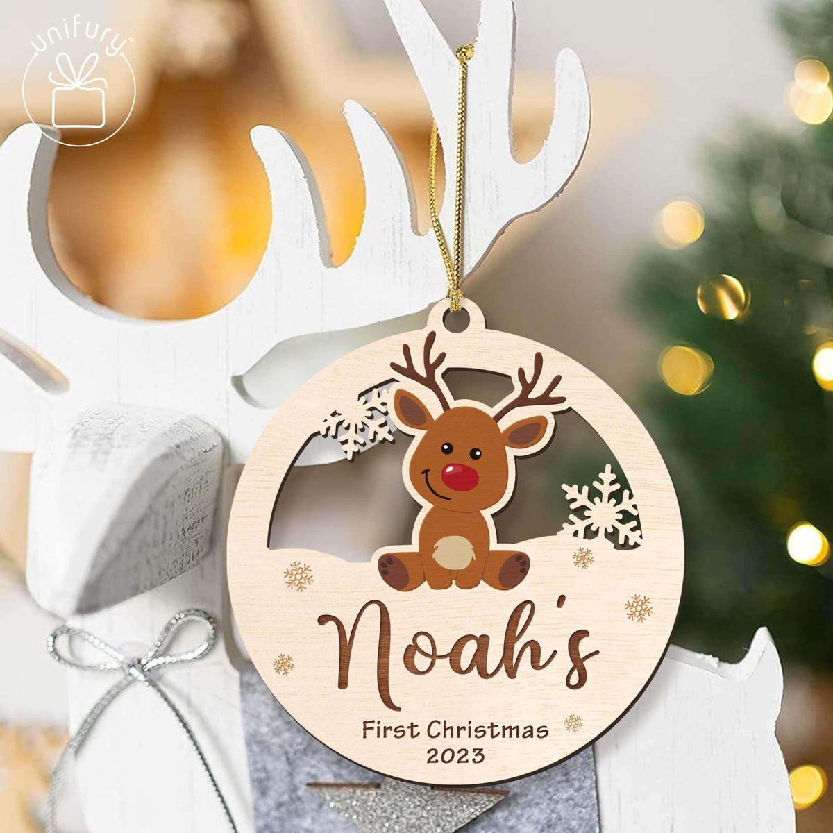 Personalized First Christmas Baby Deer Wooden Ornament
