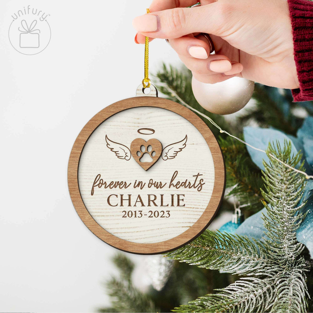 Custom Dog Forever Loved Angel Wings Wooden Ornament