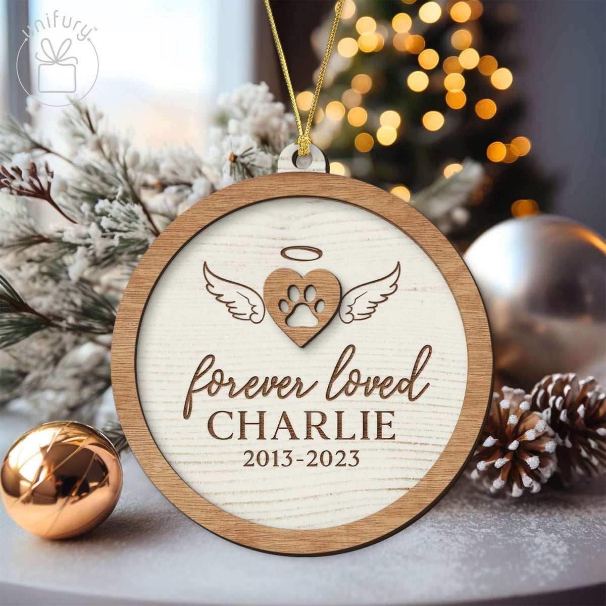 Custom Dog Forever Loved Angel Wings Wooden Ornament