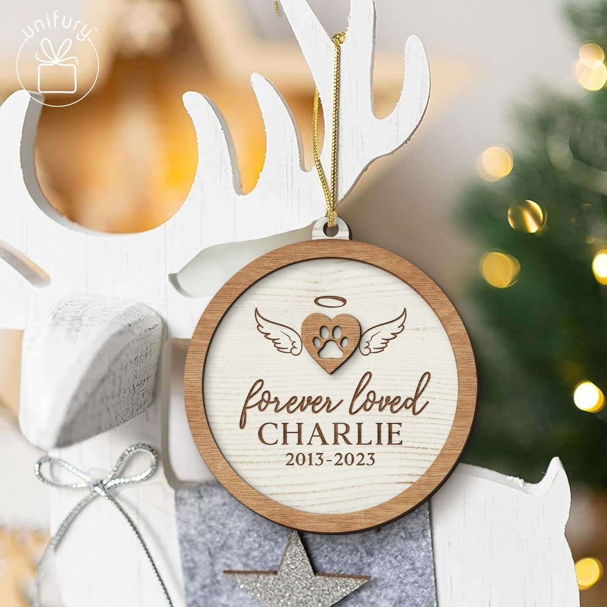 Custom Dog Forever Loved Angel Wings Wooden Ornament