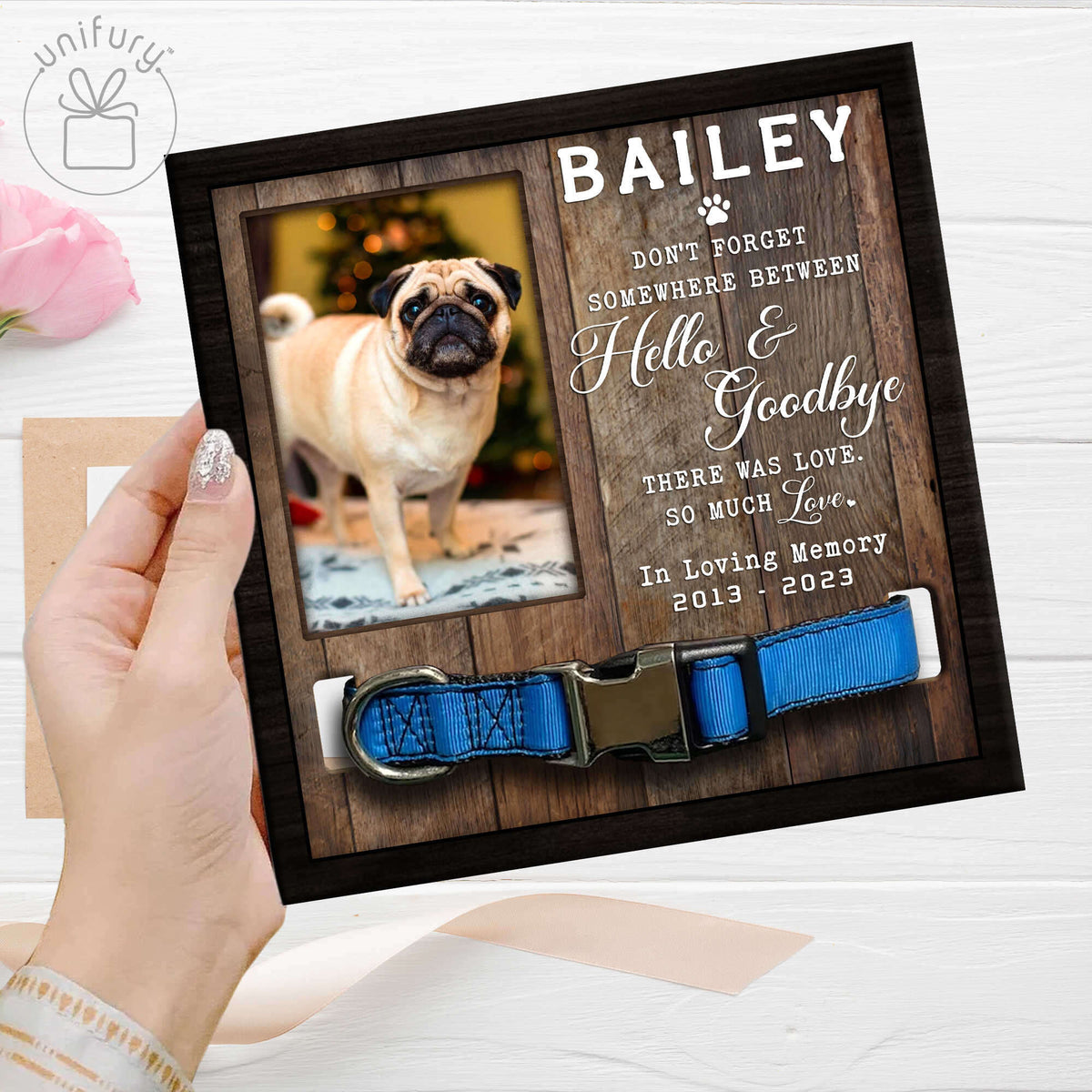 Somewhere Between Hello And Goodbye Memorial Dog Cat Collar Frame
