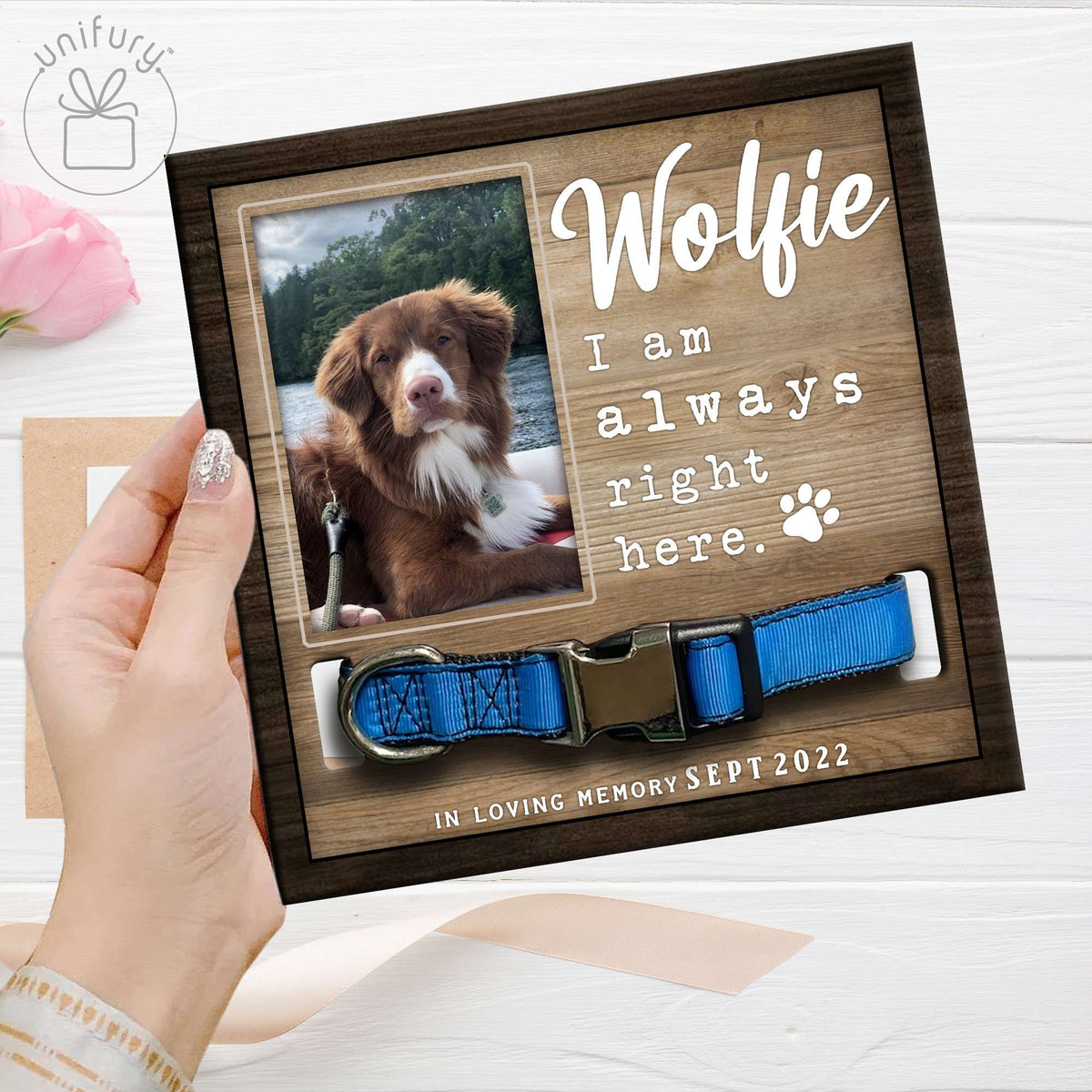 Always Right Here Personalized Memorial Wooden Pet Collar Frame