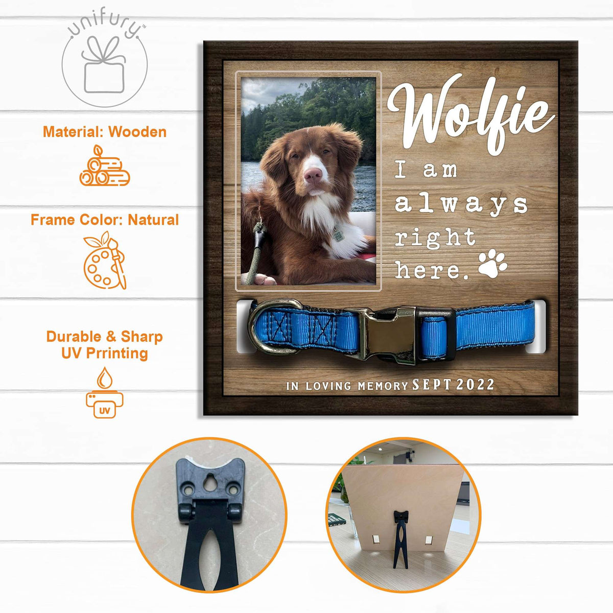Always Right Here Personalized Memorial Wooden Pet Collar Frame