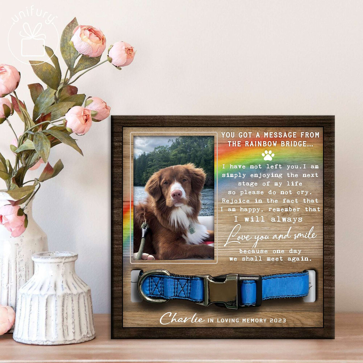 Love You And Smile Personalized Memorial Wooden Pet Collar Frame