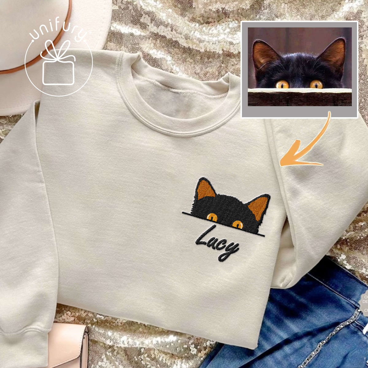Cat Peeking Hiding Custom Name Embroidered Sweatshirt