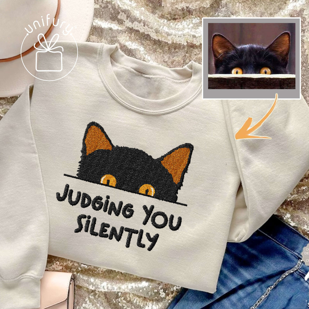 Cat Peeking Hiding Custom Photo Embroidered Sweatshirt