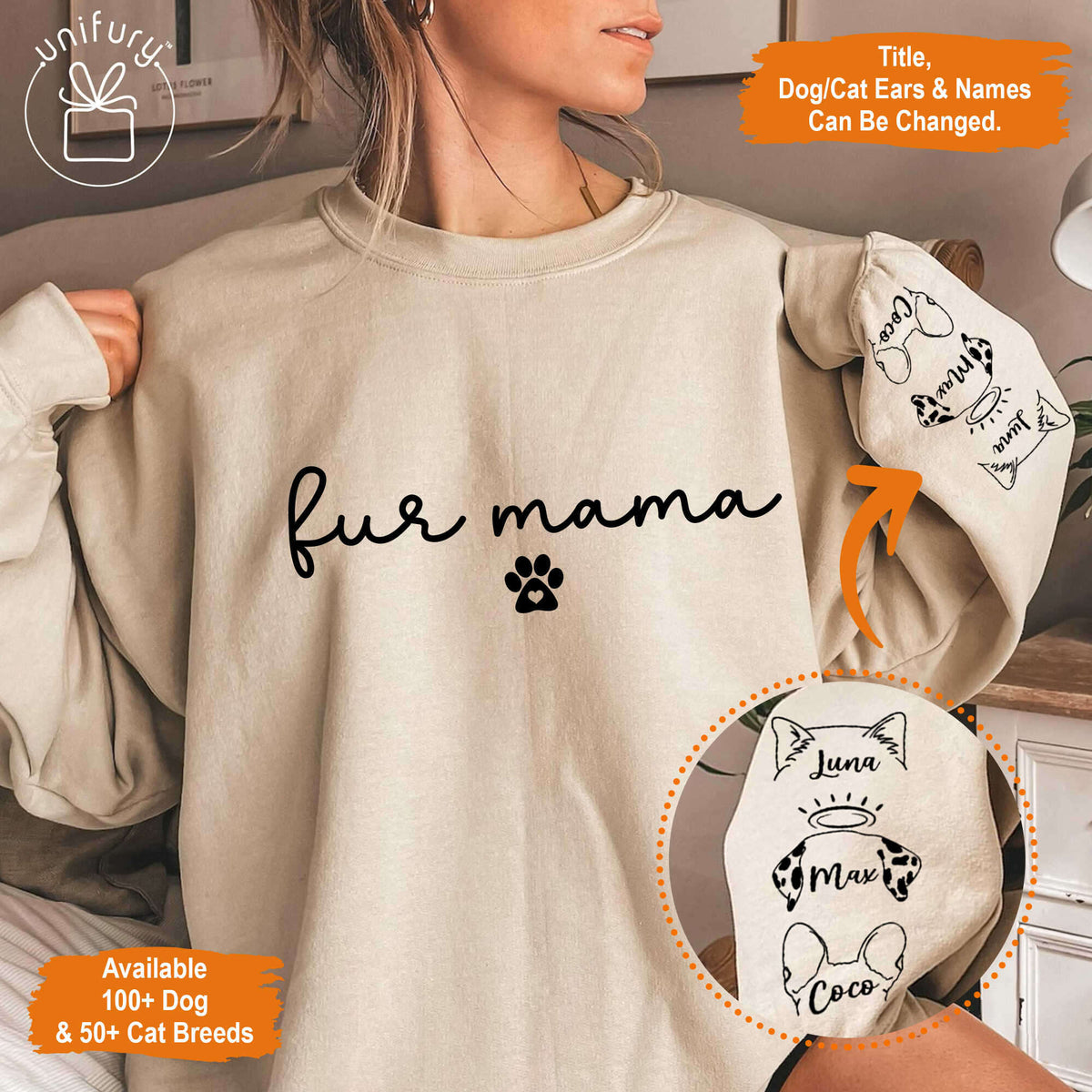 Personalized Fur Cat Dog Mama Sleeve Printed Standard Sweatshirt