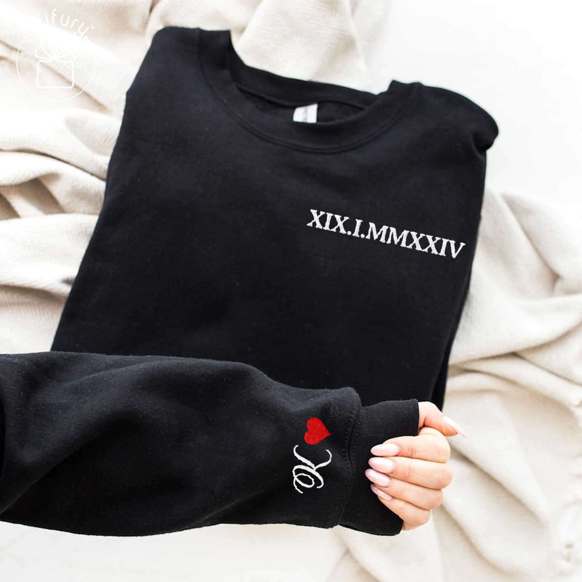 Roman Numerals Embroidered Sweatshirt For Couple