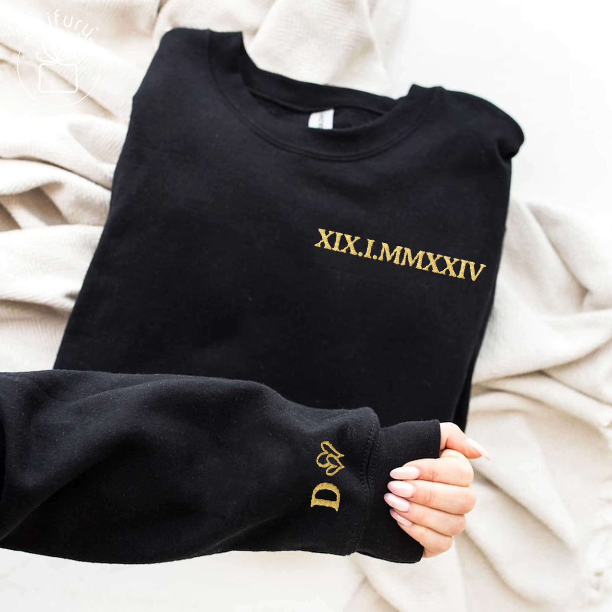 Roman Numerals Embroidered Sweatshirt For Couple