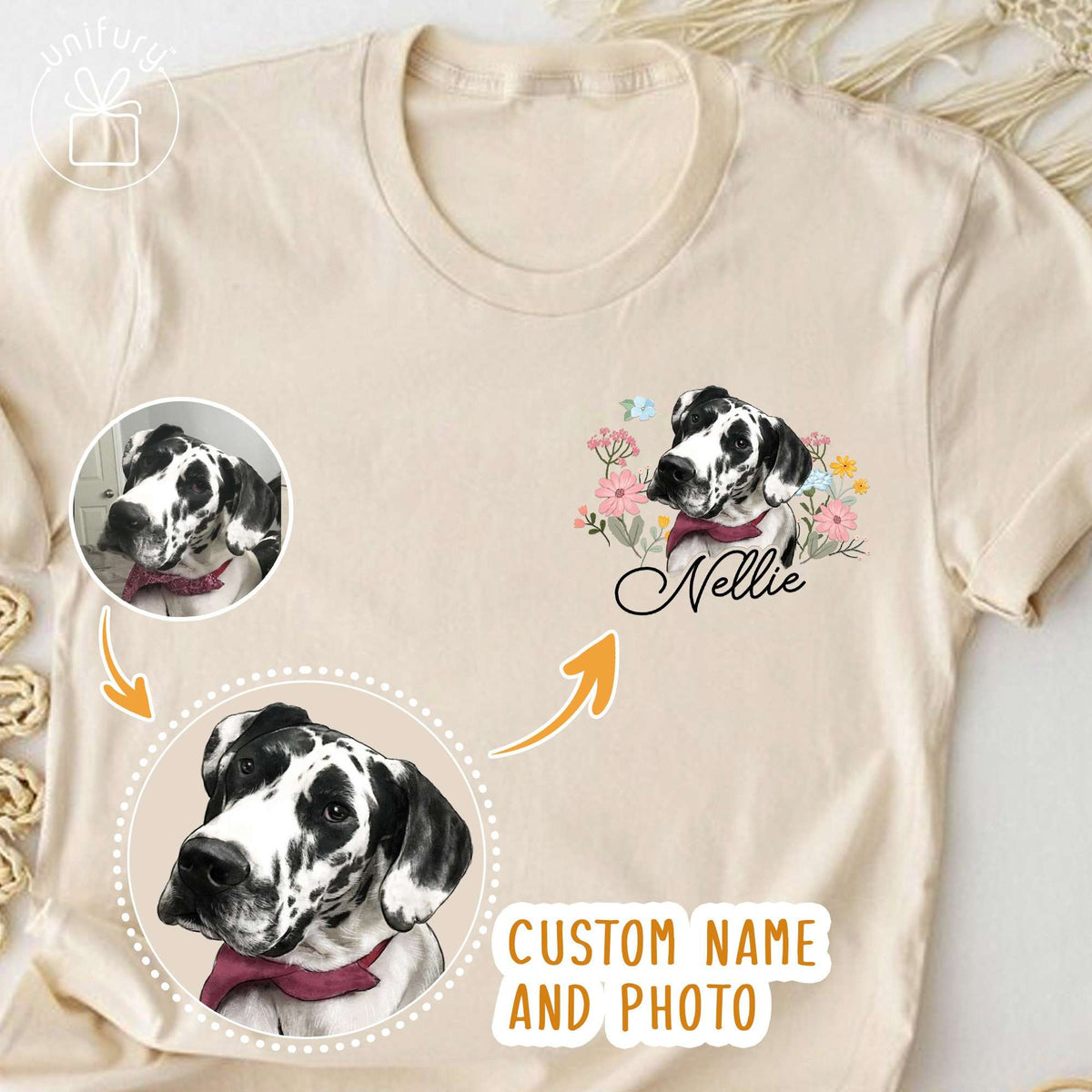 Custom Dog Portrait With Floral Comfort Colors T-shirt