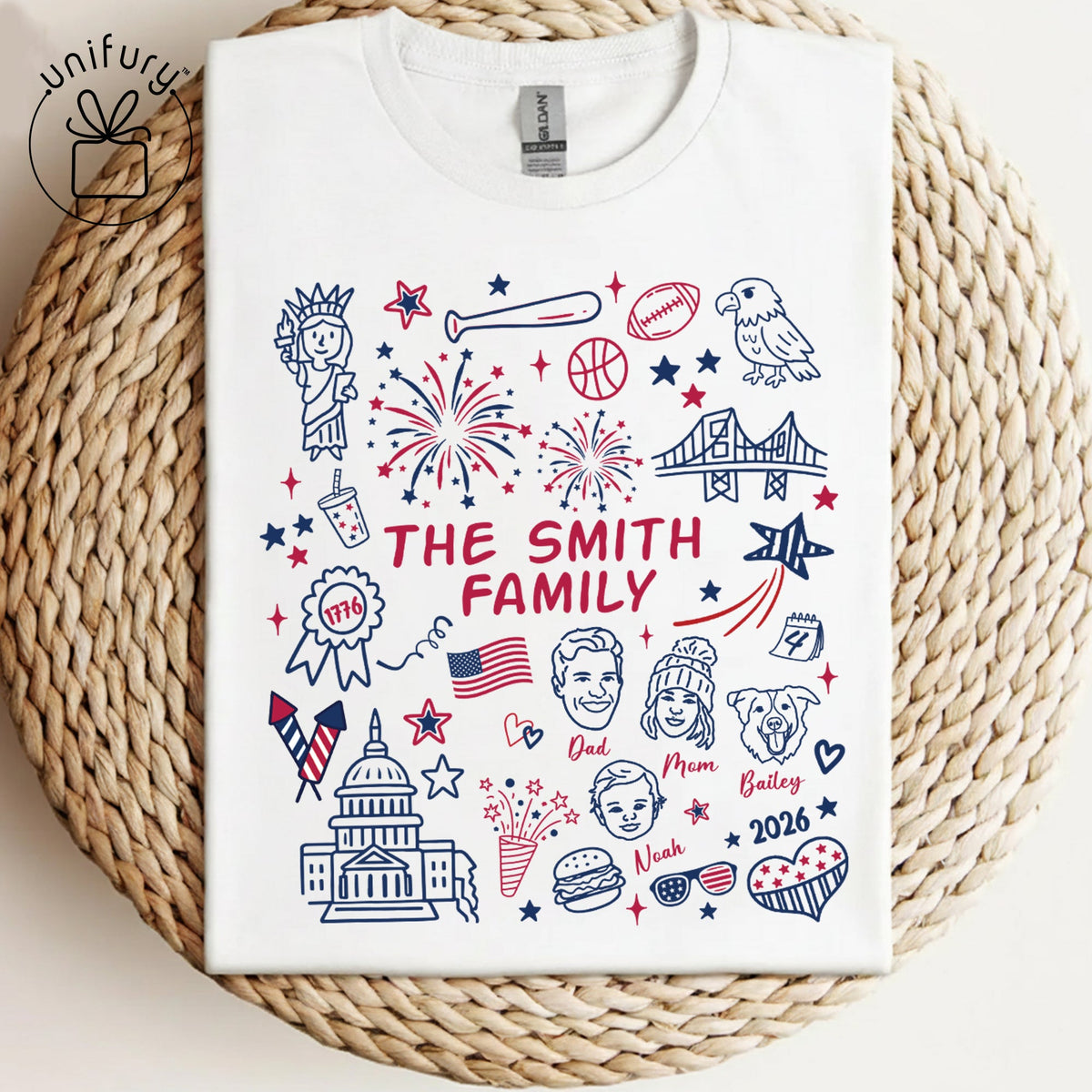 Custom 4th of July Family Face Line-art T-shirt - Comfort Colors 1717 - Independence Day Gifts - Family Gifts