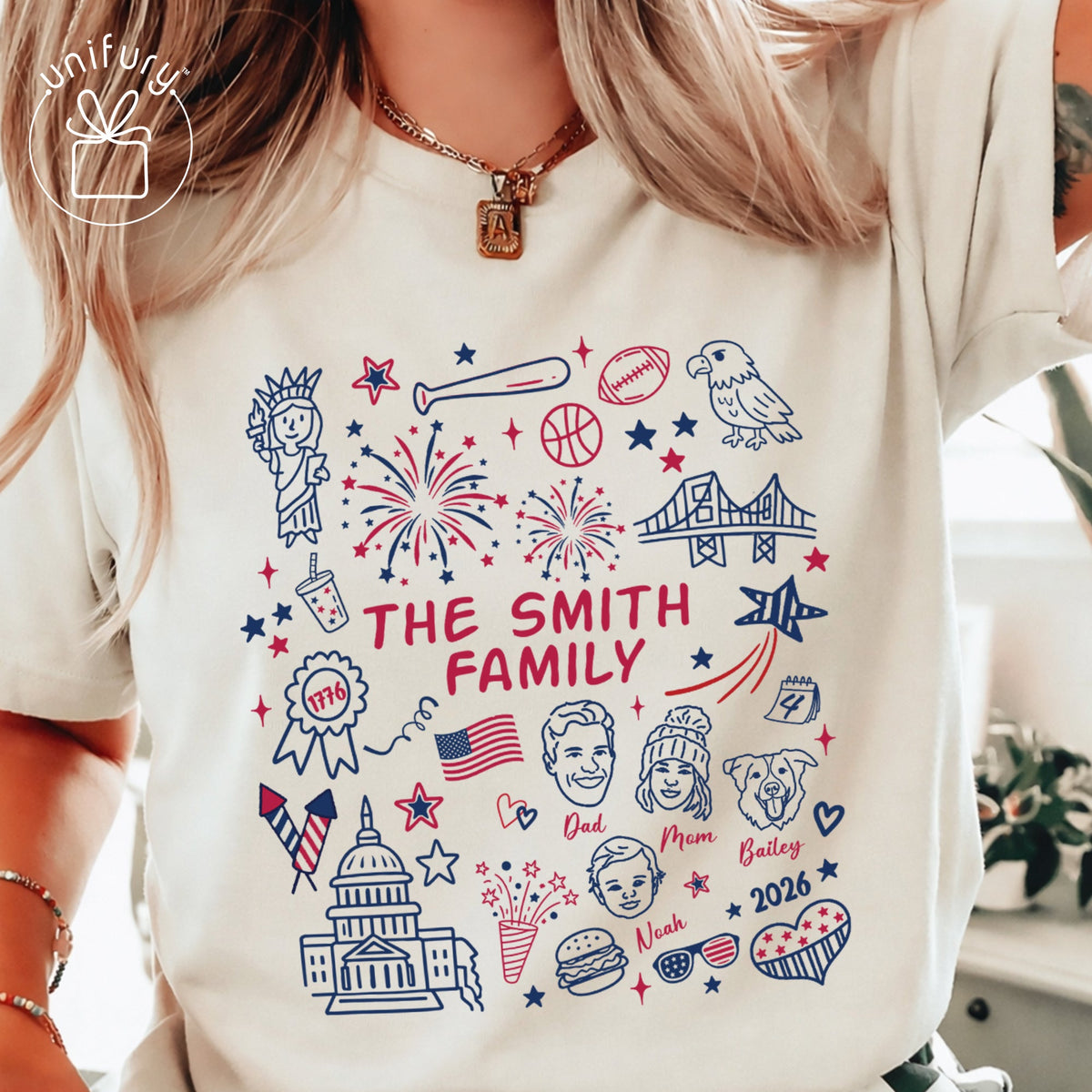 Custom 4th of July Family Face Line-art T-shirt - Comfort Colors 1717 - Independence Day Gifts - Family Gifts