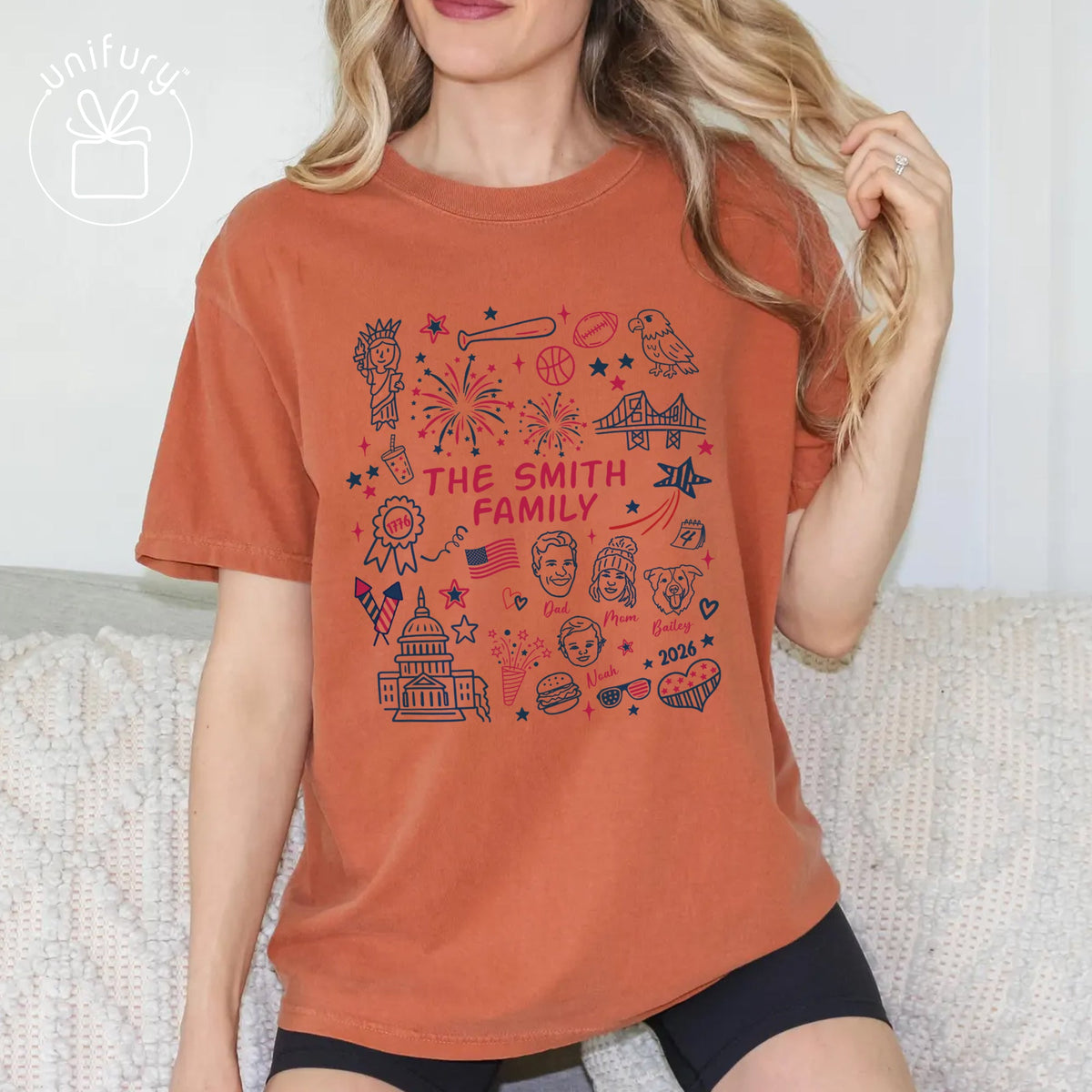 Custom 4th of July Family Face Line-art T-shirt - Comfort Colors 1717 - Independence Day Gifts - Family Gifts