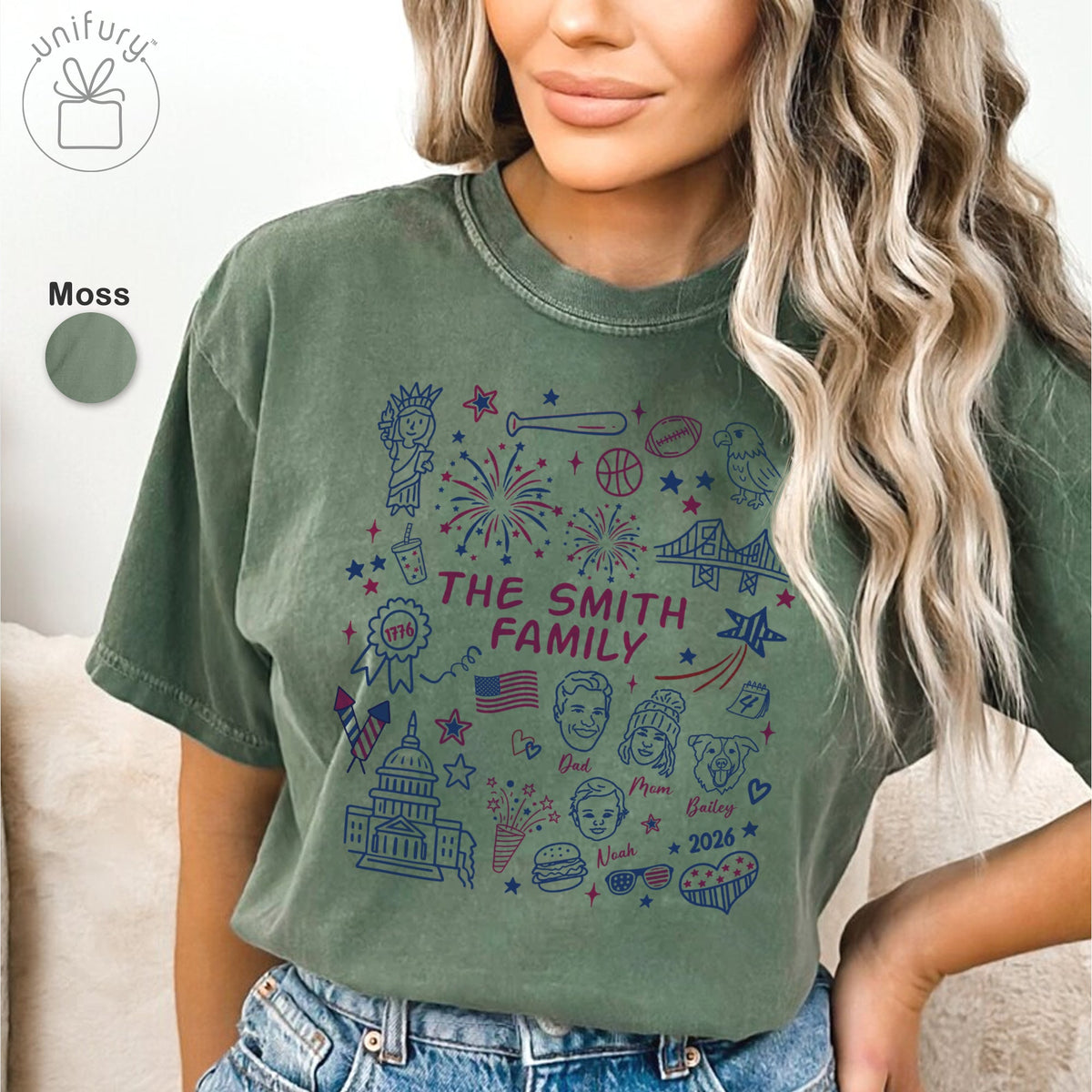 Custom 4th of July Family Face Line-art T-shirt - Comfort Colors 1717 - Independence Day Gifts - Family Gifts