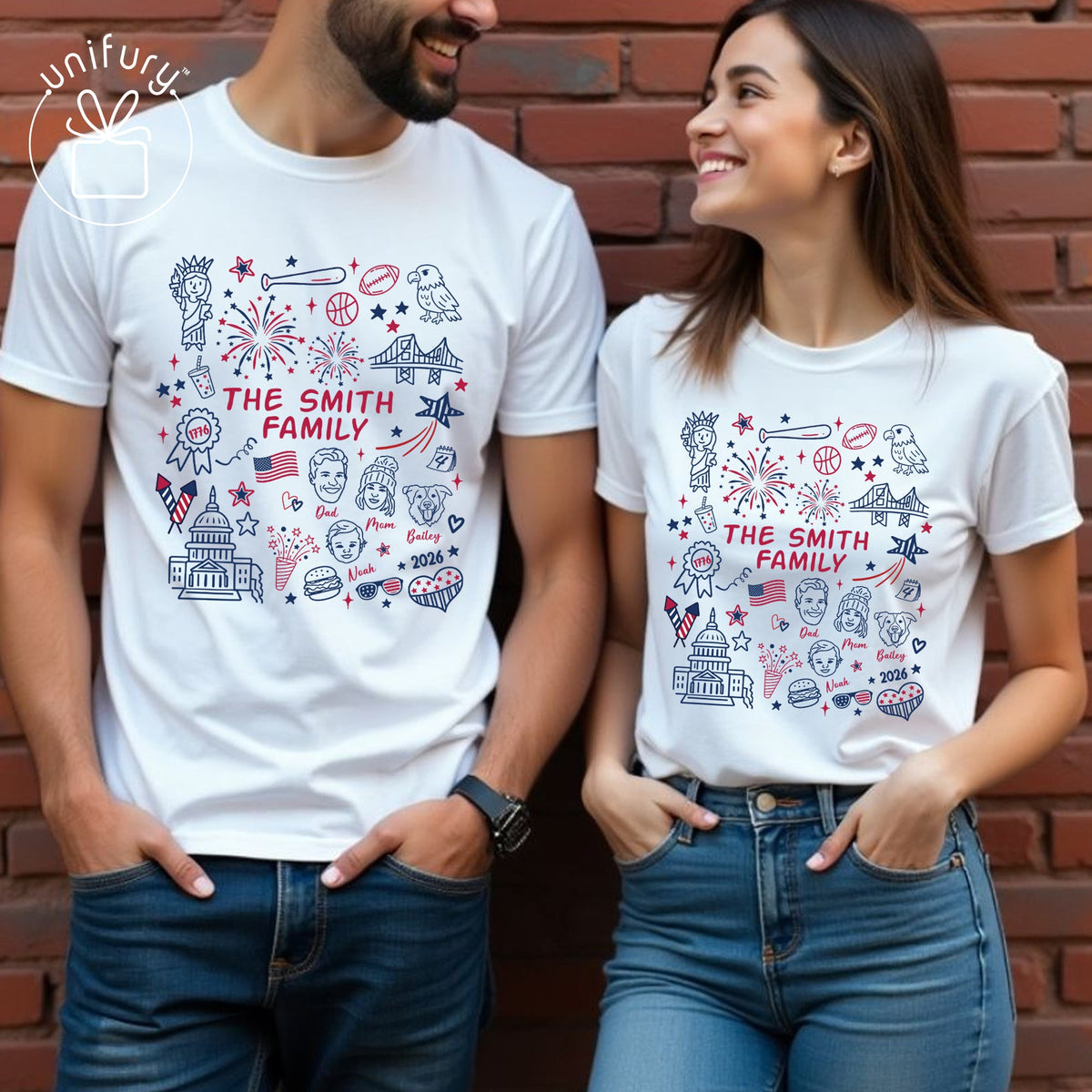 Custom 4th of July Family Face Line-art T-shirt - Comfort Colors 1717 - Independence Day Gifts - Family Gifts