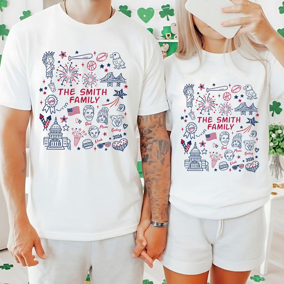 Custom 4th of July Family Face Line-art T-shirt - Comfort Colors 1717 - Independence Day Gifts - Family Gifts