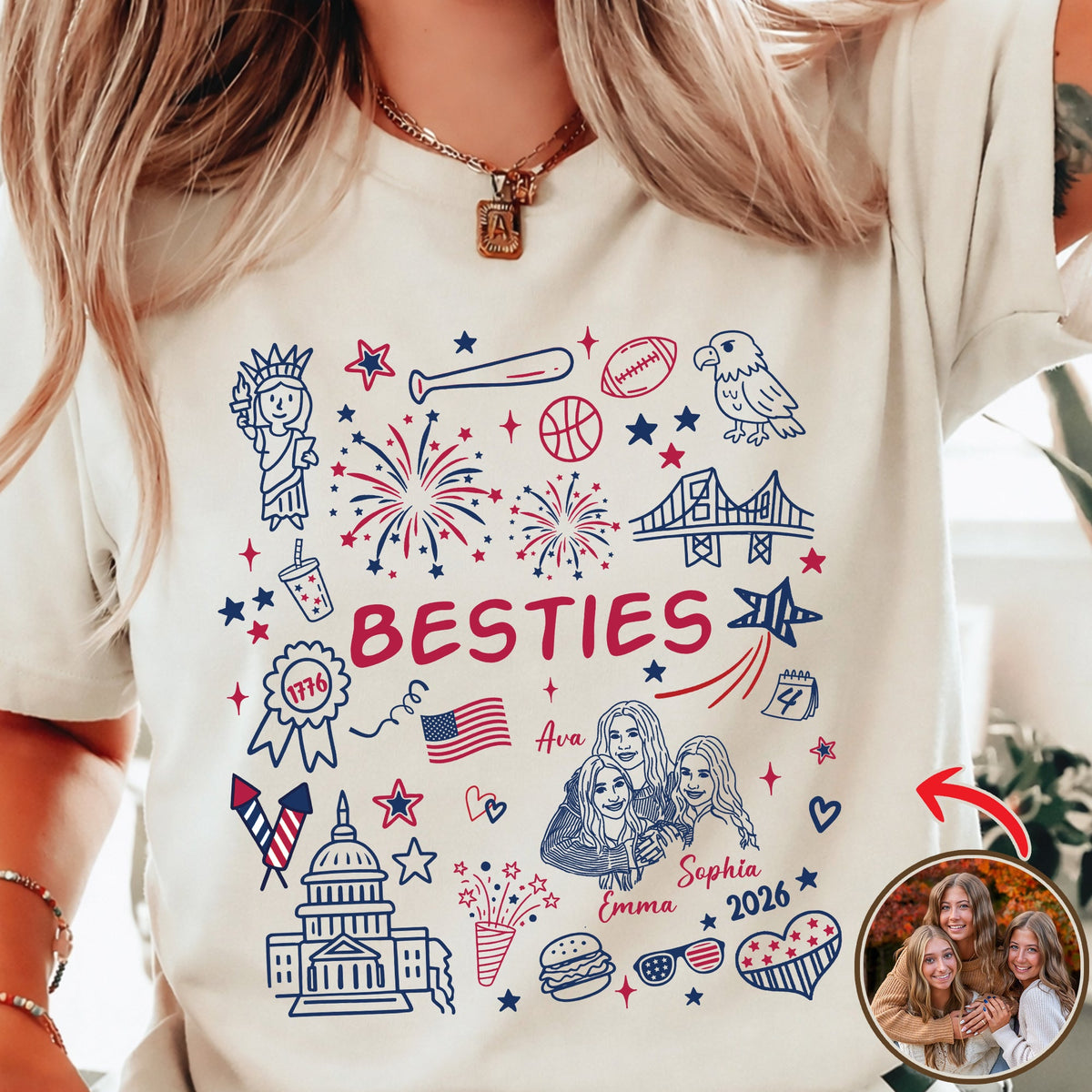 Custom 4th of July Besties Face Line-art T-shirt - Comfort Colors 1717 - Independence Day Gifts - Best Friend Gifts