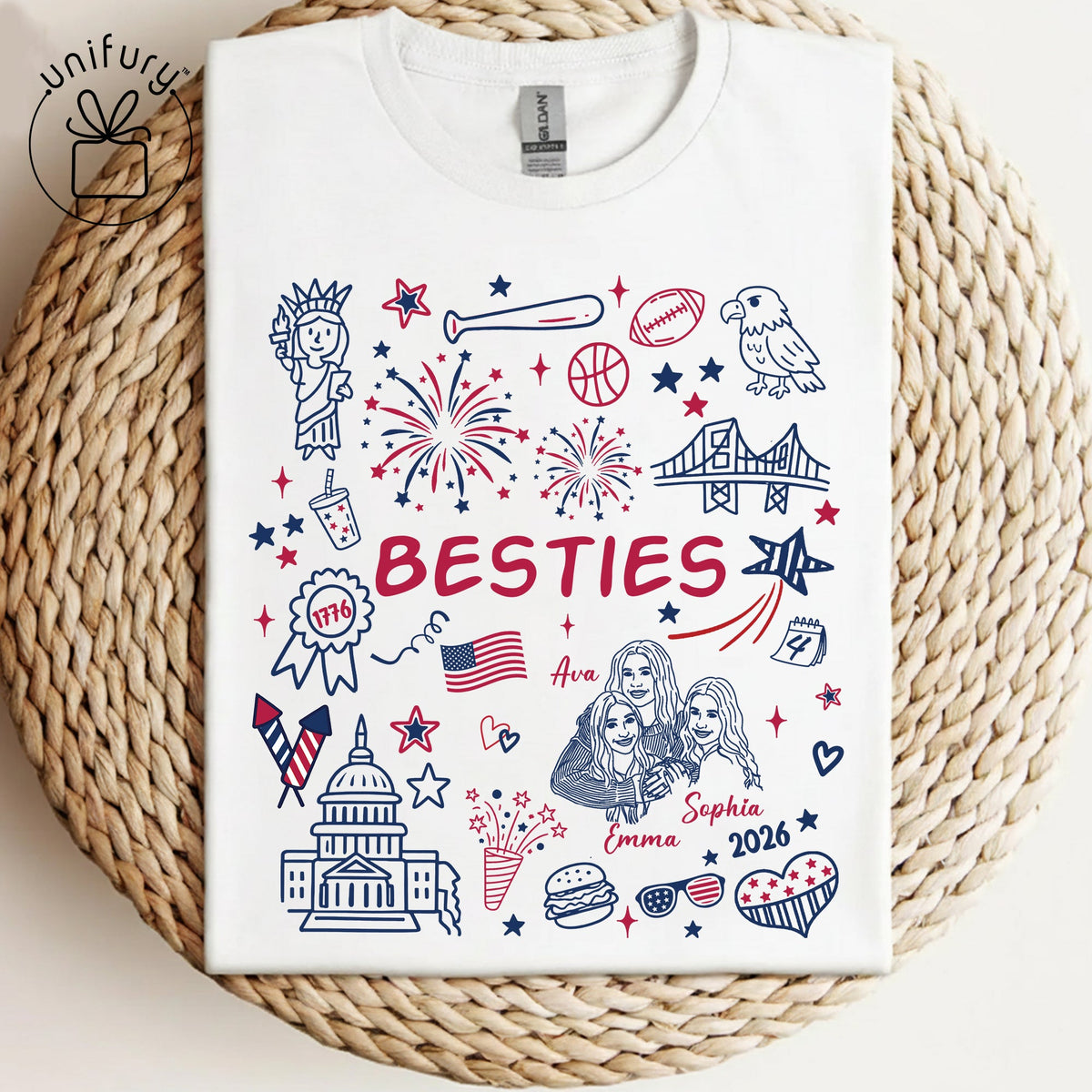 Custom 4th of July Besties Face Line-art T-shirt - Comfort Colors 1717 - Independence Day Gifts - Best Friend Gifts