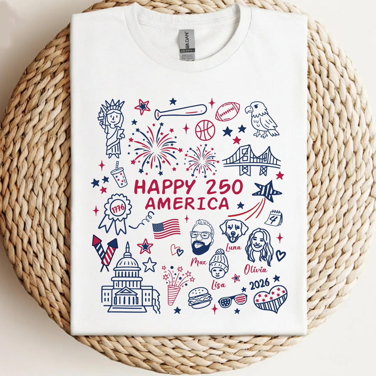Custom Happy 250 America 4th of July Face Line-art T-shirt - Comfort Colors 1717 - Independence Day Gifts