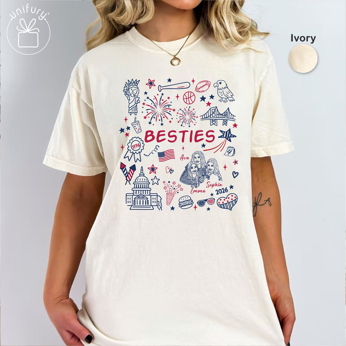 Custom 4th of July Besties Face Line-art T-shirt - Comfort Colors 1717 - Independence Day Gifts - Best Friend Gifts