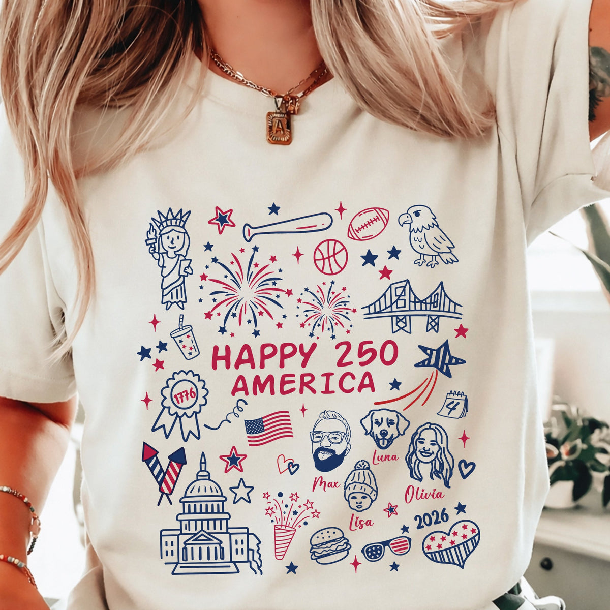 Custom Happy 250 America 4th of July Face Line-art T-shirt - Comfort Colors 1717 - Independence Day Gifts