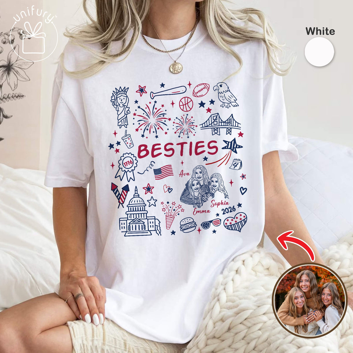Custom 4th of July Besties Face Line-art T-shirt - Comfort Colors 1717 - Independence Day Gifts - Best Friend Gifts