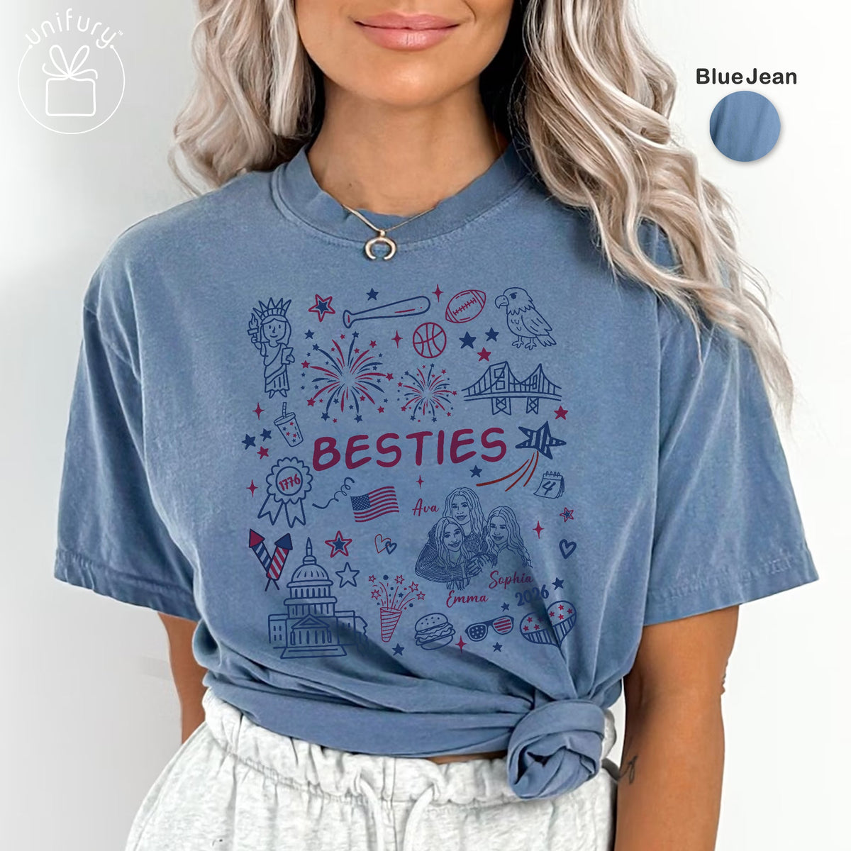 Custom 4th of July Besties Face Line-art T-shirt - Comfort Colors 1717 - Independence Day Gifts - Best Friend Gifts