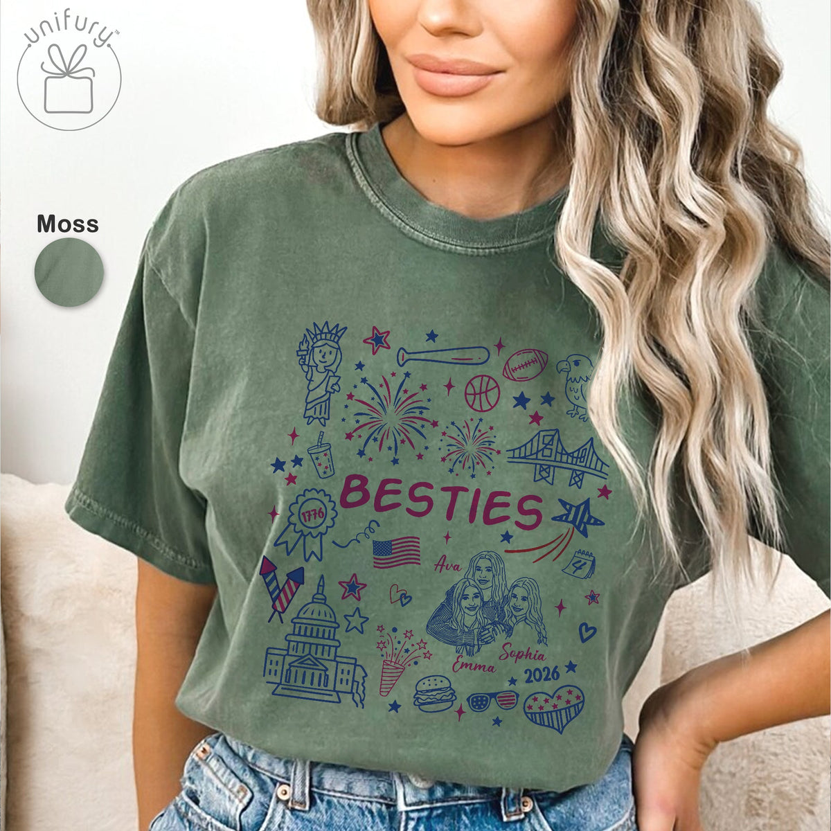 Custom 4th of July Besties Face Line-art T-shirt - Comfort Colors 1717 - Independence Day Gifts - Best Friend Gifts