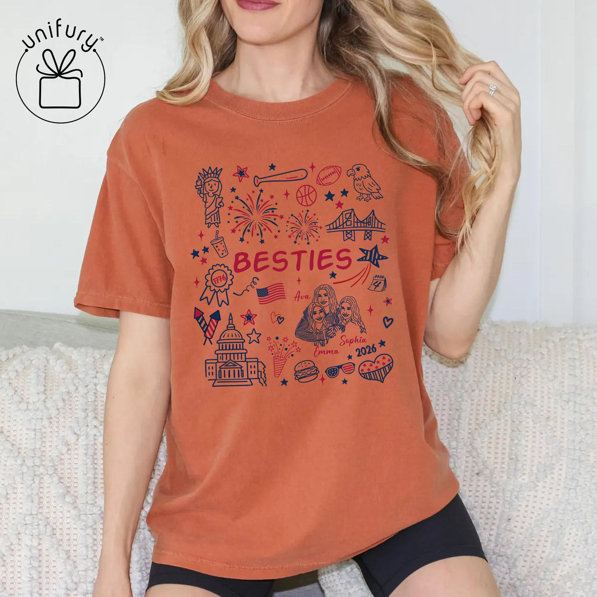 Custom 4th of July Besties Face Line-art T-shirt - Comfort Colors 1717 - Independence Day Gifts - Best Friend Gifts