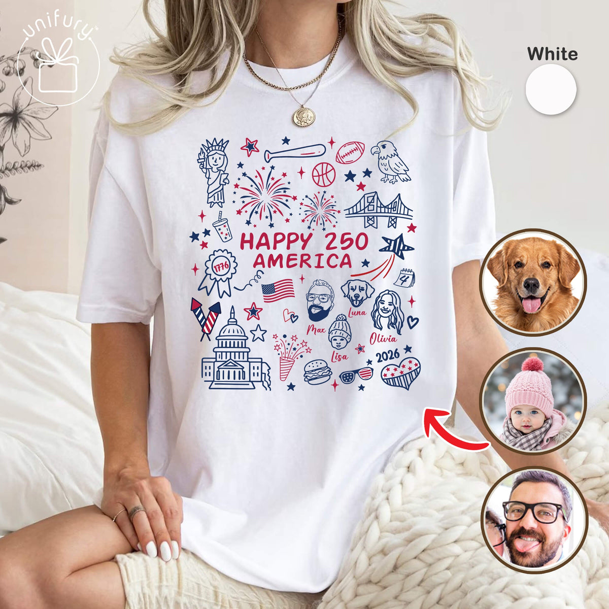 Custom Happy 250 America 4th of July Face Line-art T-shirt - Comfort Colors 1717 - Independence Day Gifts
