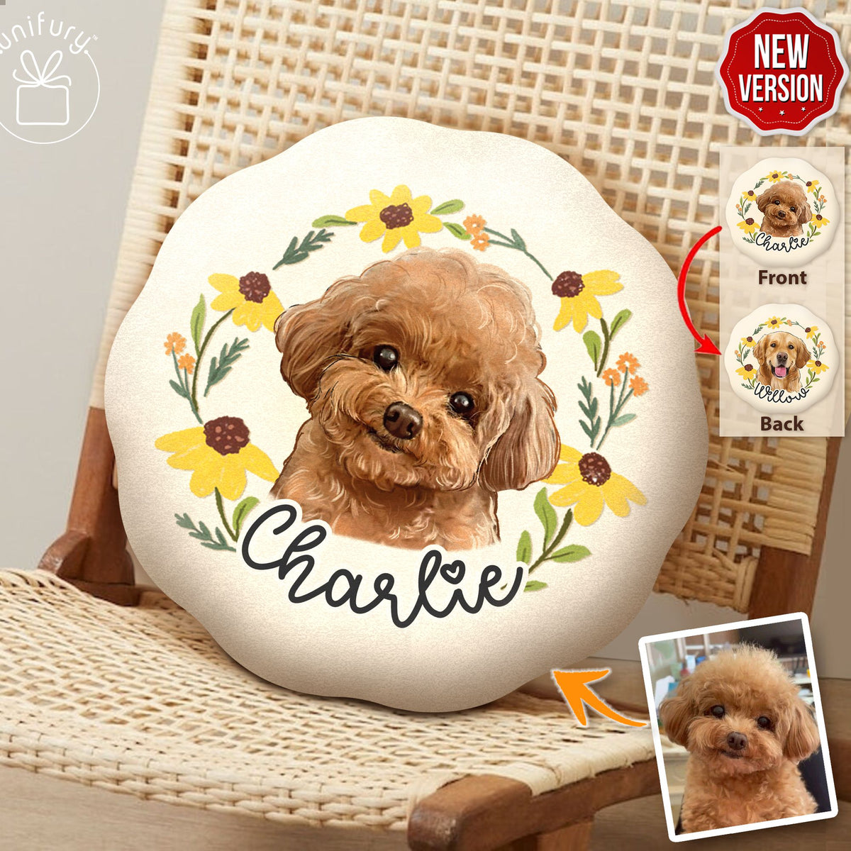 Dog Portrait Flower Plush Pillow - Personalized Gifts For Pets