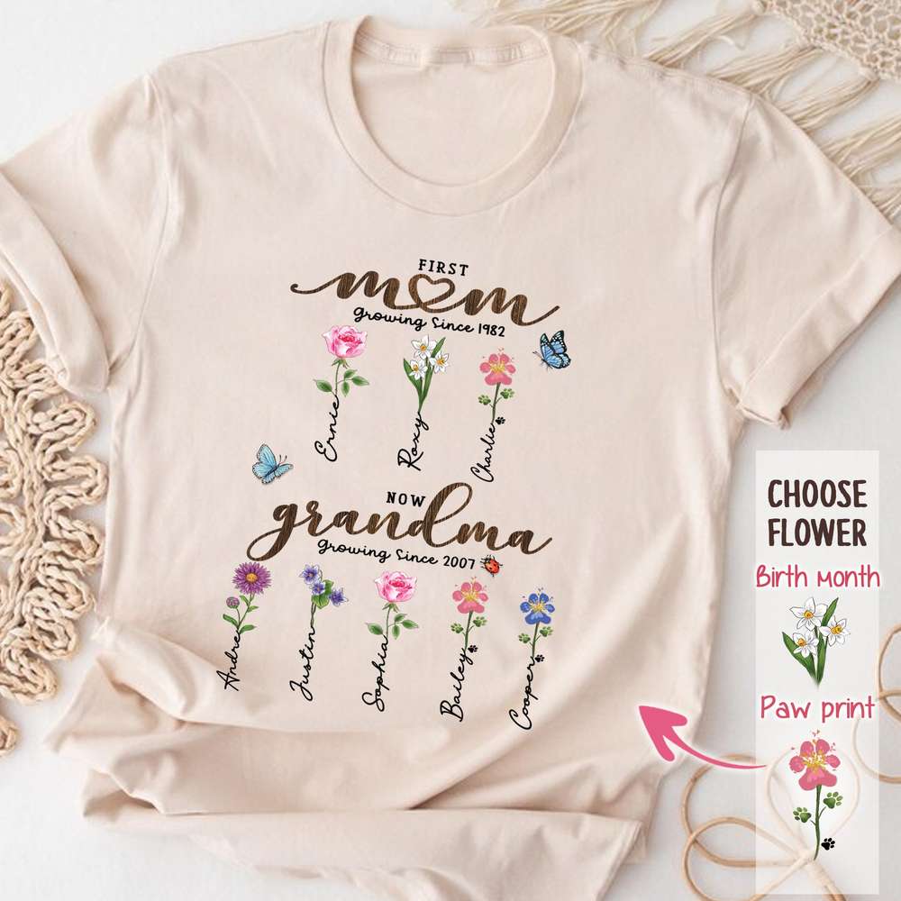 First Mom Now Grandma - Birth Flower Sign - Comfort Colors T-shirt For Grandma, Dog Cat Lovers