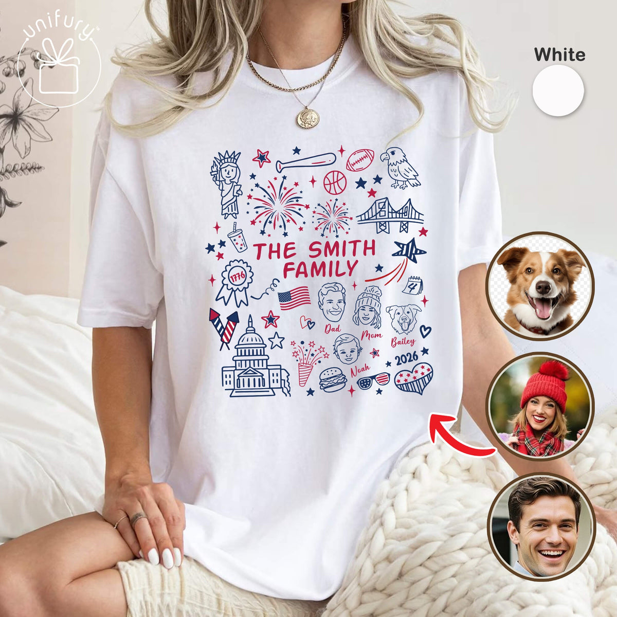 Custom 4th of July Family Face Line-art T-shirt - Comfort Colors 1717 - Independence Day Gifts - Family Gifts