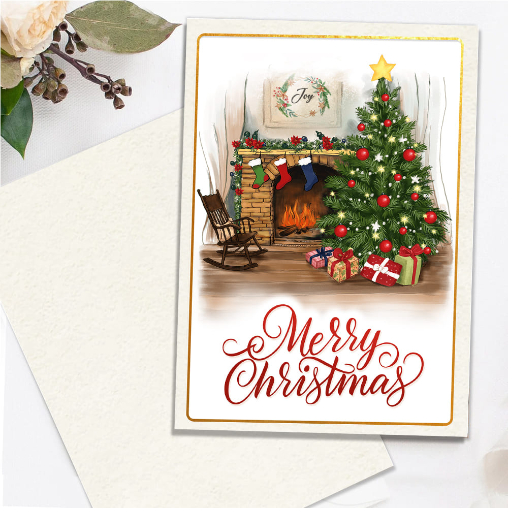 Merry Christmas Fireplace Folded Card - Christmas Card