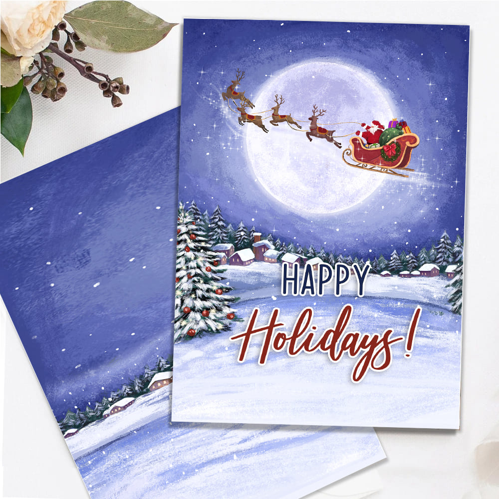 Moonlight Santa Sleigh Happy Holidays Folded Card