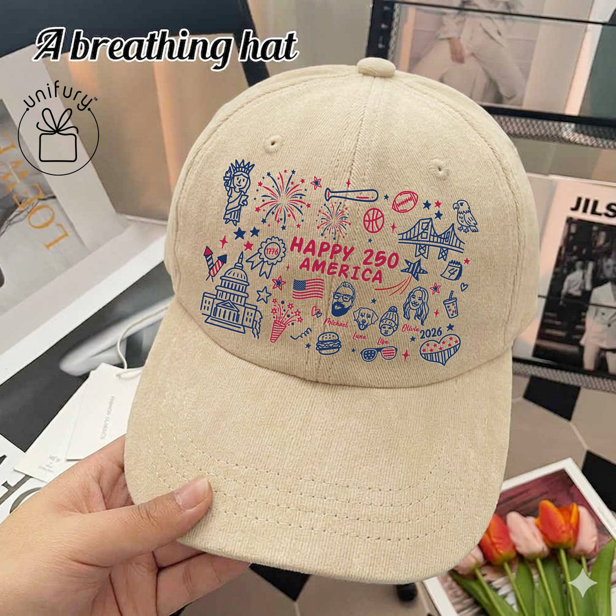 Custom 4th of July Line-art Drawing Wash Denim Hat - Gift For Family - Independence Day Gifts