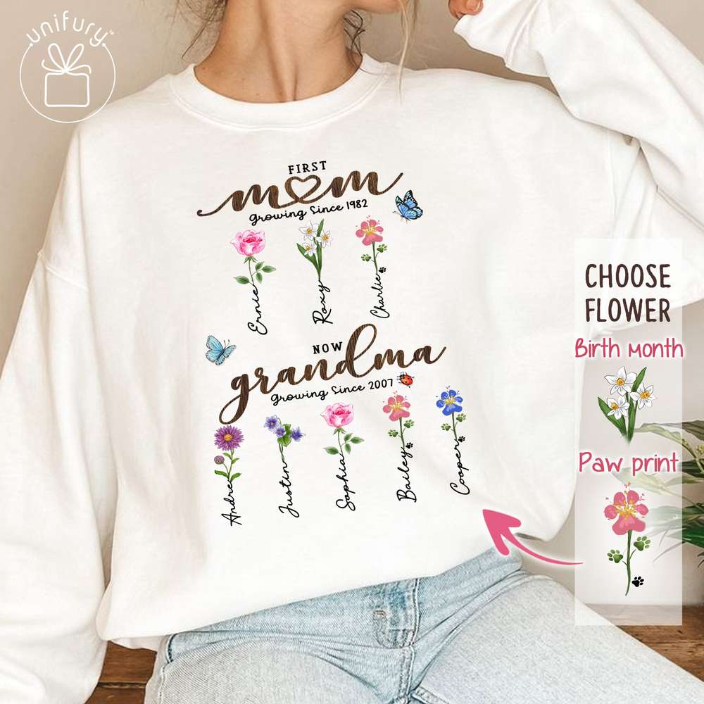 First Mom Now Grandma - Birth Flower Sign - Sleeve Printed Standard Sweatshirt For Grandma, Dog Cat Lovers