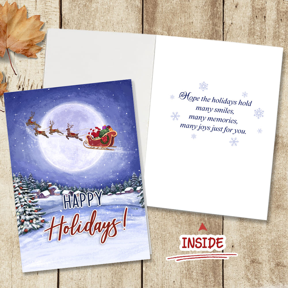 Moonlight Santa Sleigh Happy Holidays Folded Card