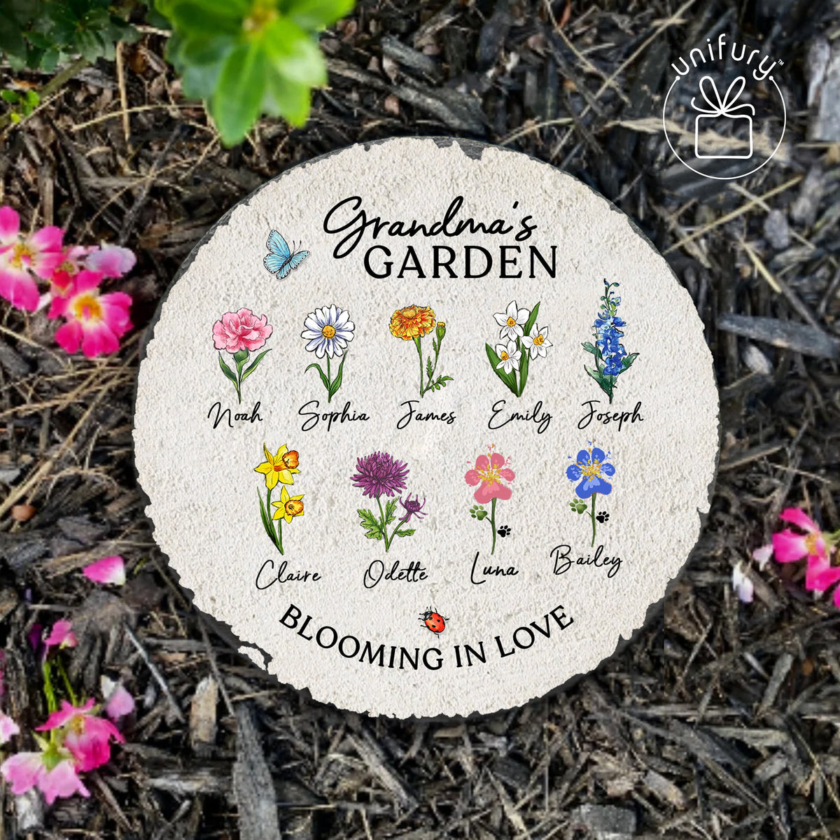 Personalized Grandma's Garden Blooming In Love Custom Shape Garden Stone