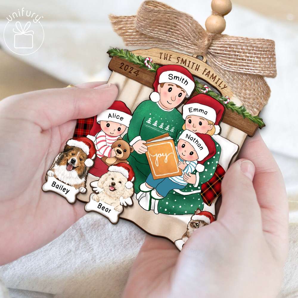 Custom Family And Pet Cartoon Style 3D Wooden Ornament