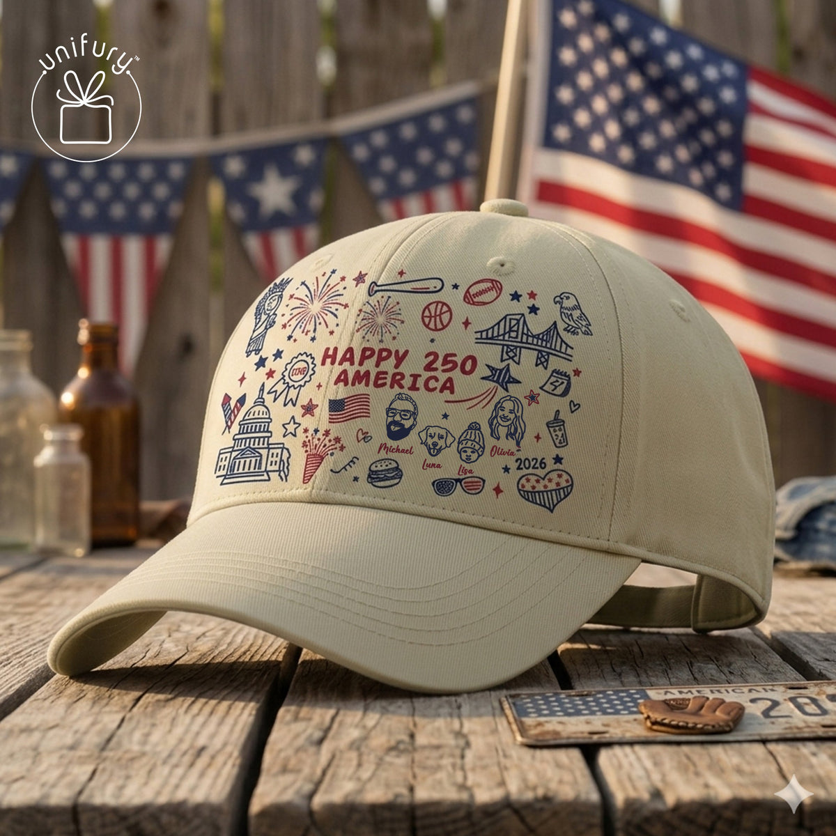 Custom 4th of July Line-art Drawing Wash Denim Hat - Gift For Family - Independence Day Gifts