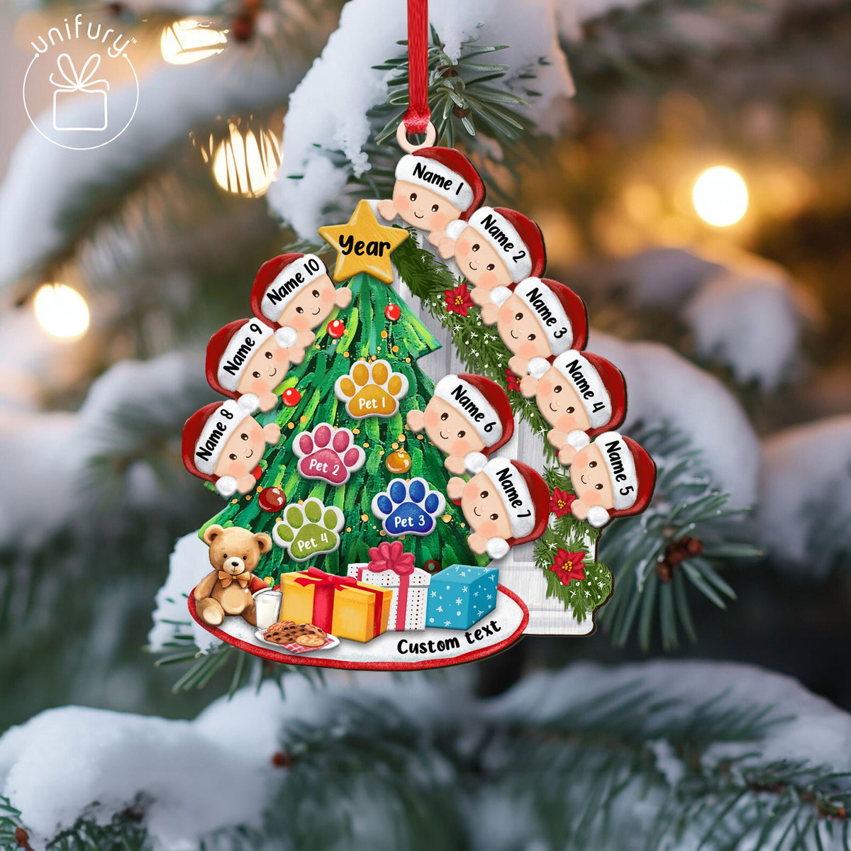Personalized Peeking Family With Pets Christmas Wooden Ornament